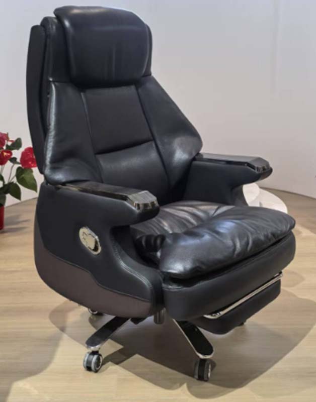 Black Leather Reclining Executive Office Chair with Retractable Footrest