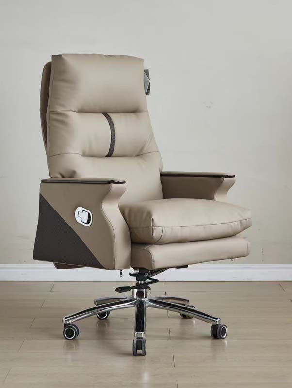 Beige Reclining High-Back Executive Office Chair with Retractable Footrest