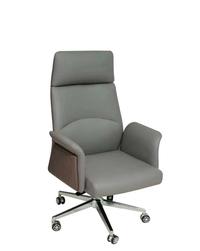 Grey High-Back Executive Office Chair with Wood Arm Accents