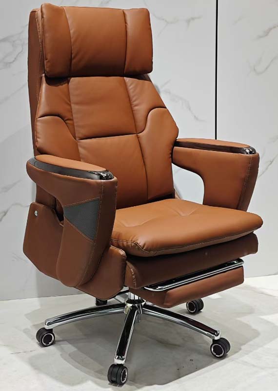 Brown Leather Reclining Executive Office Chair with Retractable Footrest