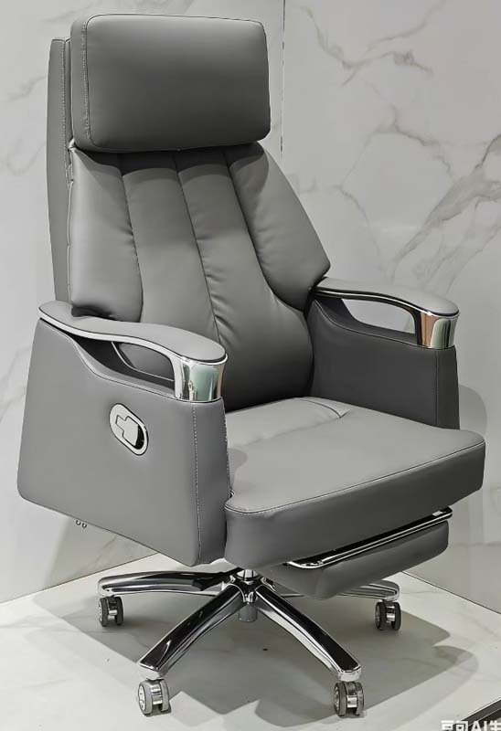 Gray Leather Reclining Executive Office Chair with Retractable Footrest