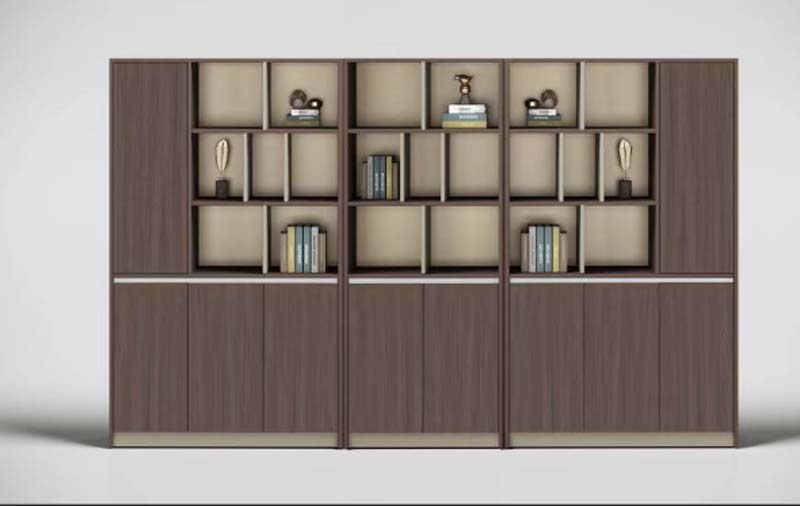 Three-Bay Walnut Finish Office Bookcase Storage Cabinet with Asymmetric Open Cubbies and Lower Closed Doors
