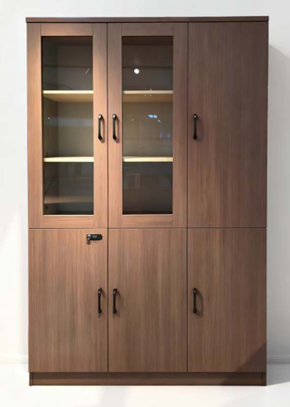 Walnut Wood Grain 6-Door Office Storage Cabinet with Upper Glass Display and Lower Locked Storage