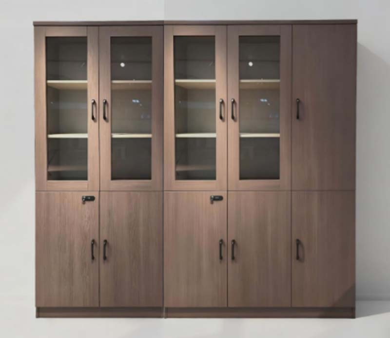 Walnut Wood-Grain Full-Height Office Storage Cabinet with Upper Glass Doors, Lower Locked Solid Doors