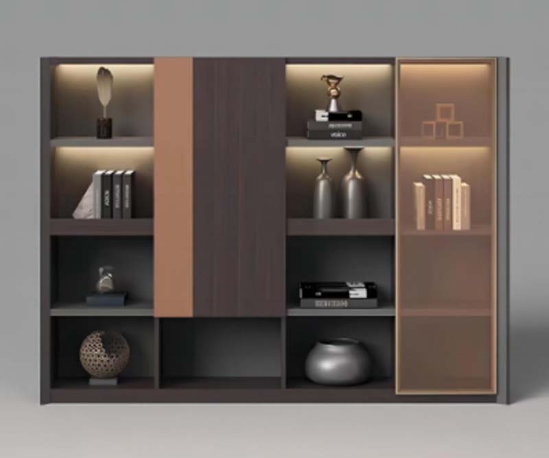 Modern Floor-Standing Office Display Bookcase with LED Lighting, Mixed Solid and Frosted Glass Doors