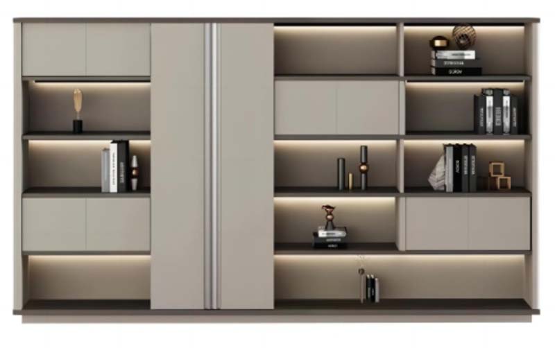 Two-Tone Full-Wall Office Display Storage Cabinet with Integrated LED Lighting