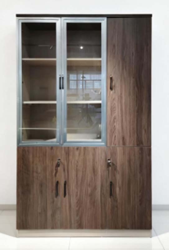 Walnut Wood-Grain Office Tall Storage Cabinet with Upper Glass Doors