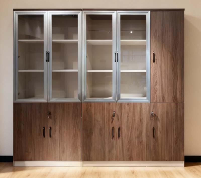 Tall Floor-Standing Office Storage Cabinet with Upper Aluminum-Framed Glass Doors and Lower Lockable Walnut Woodgrain Doors