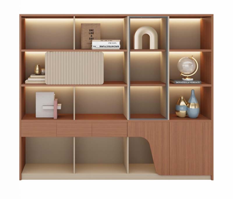 Two-Tone Open Display Bookcase with Integrated LED Lighting and Lower Storage