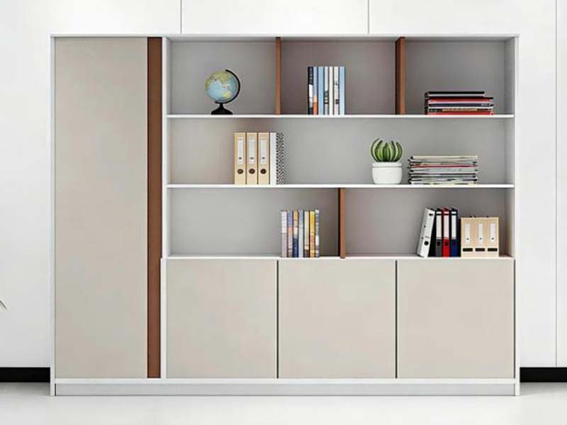 Handleless Beige Office Filing Cabinet with Integrated Open Bookshelf
