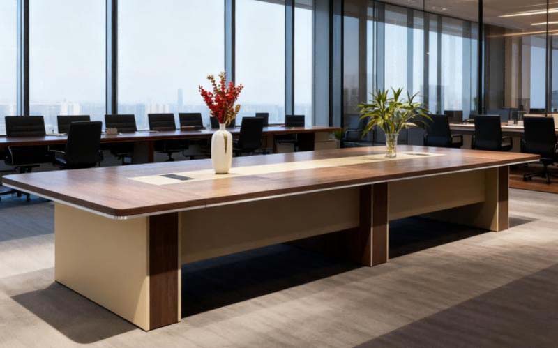 12-Person Rectangular Walnut Veneer Conference Table with Central Inlaid Power Channel