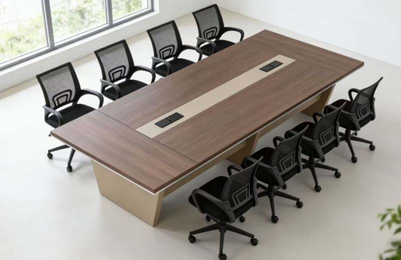 8-Person Rectangular Walnut-Tone Conference Table with Central Cable Management