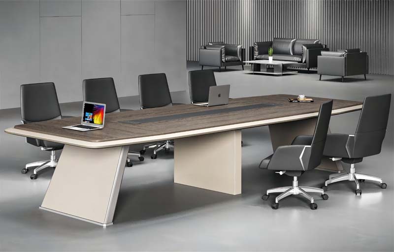 8-Person Boat-Shaped Two-Tone Conference Table with Central Cable Raceway