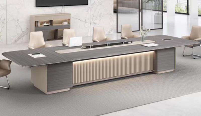 Large Rectangular Conference Meeting Table with Central Cable Management and Integrated Ambient Lighting