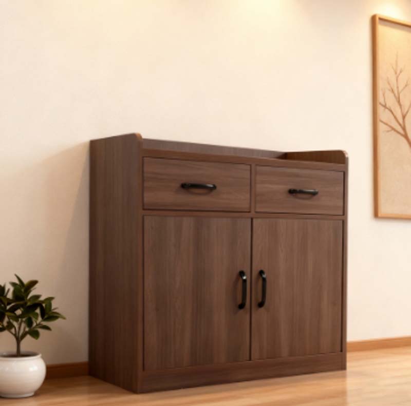 Walnut Grain 2-Drawer 2-Door Low Floor Storage Cabinet with Rear Back Lip