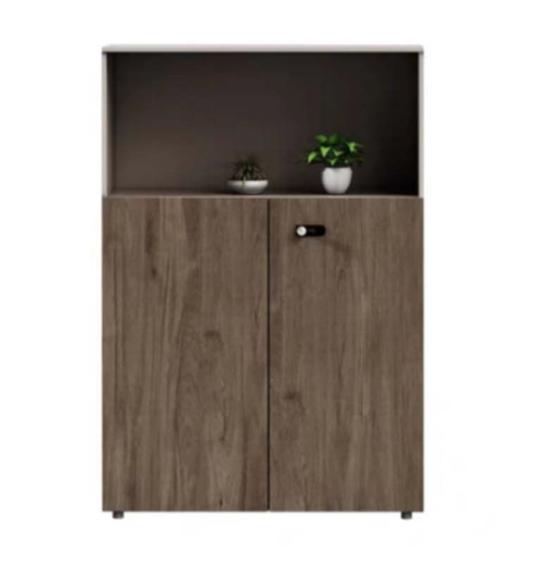 Walnut Wood Grain Office Storage Cabinet with Upper Open Shelf and Lockable Double Doors