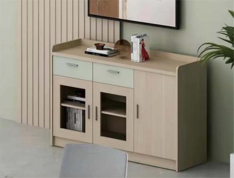 Two-Tone Light Wood and Pale Sage Storage Sideboard with Raised Curved Top Lip