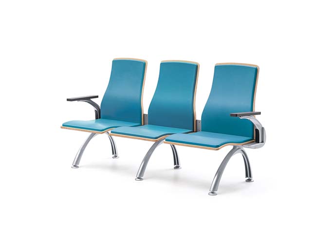 3-Seat Beam Waiting Bench with Teal Upholstery, Wood Edge Trim and Chrome Curved Cantilever Legs