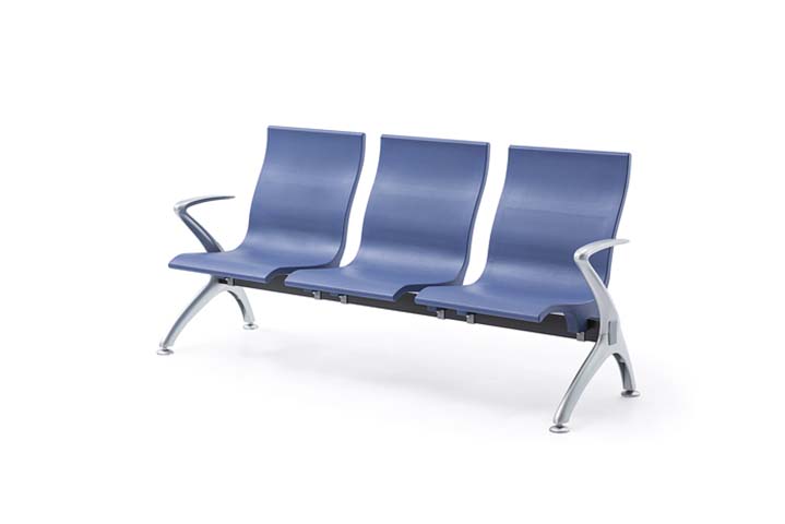 3-Seat Polished Aluminum Frame Blue PU Public Tandem Waiting Bench