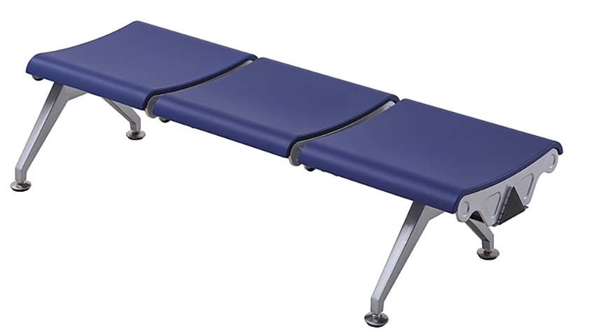 3-Seat Backless Public Waiting Bench with Blue PU Seats