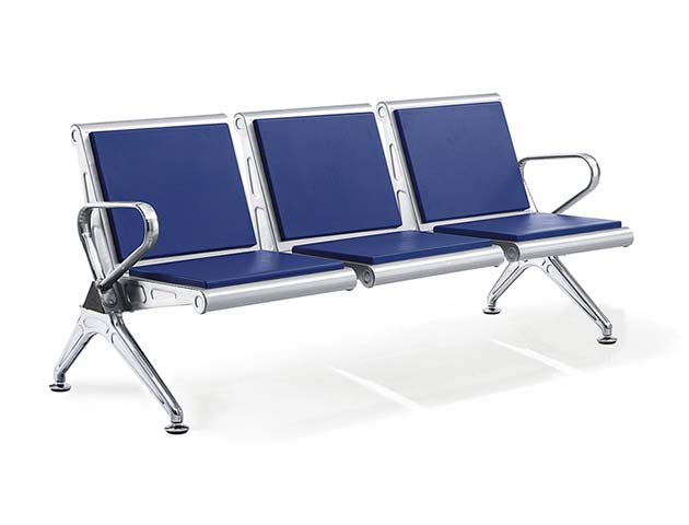 3-Seat Chrome-Plated Metal Beam Public Waiting Chair with Blue PU Cushions