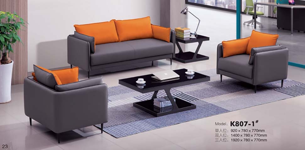 Modern Grey Faux Leather Office Reception Sofa Set with Matching Z-Frame Black Glass Coffee and Side Tables
