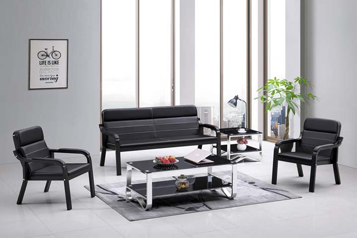 4-Piece Black Faux Leather Office Reception Seating Set with Glass-Top Coffee Tables