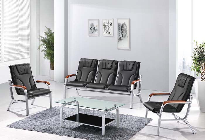 Black Faux Leather Chrome Frame Office Reception Seating Set with 2-Tier Glass Coffee Table