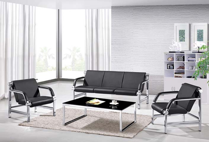 1+1+3 Chrome Frame Black PU Office Reception Seating Set with Black Glass Coffee Table