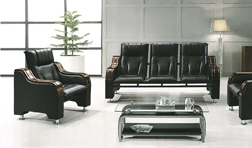 Black Faux Leather Office Reception Sofa Set with Wheeled 2-Tier Chrome Glass Coffee Table
