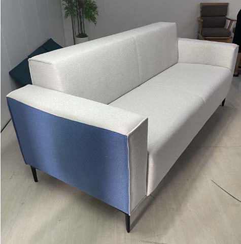 Modern Two-Tone Upholstered Two-Seater Sofa with Angular Block Arms and Black Metal Legs