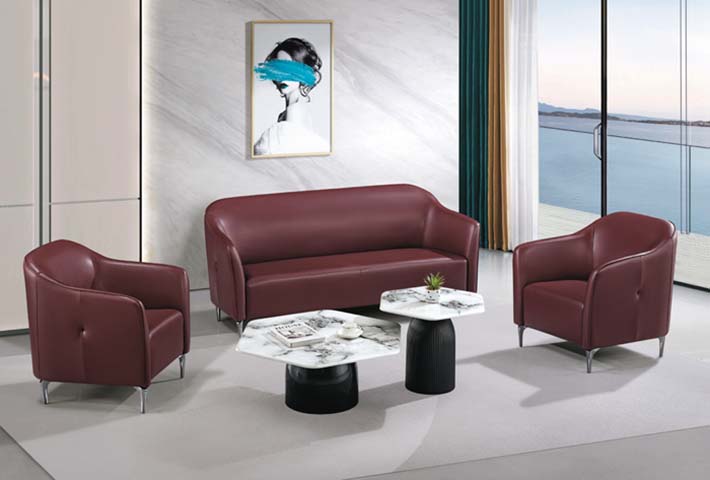 Burgundy Faux Leather Office Reception Seating Set with Marble-Vein Coffee Tables