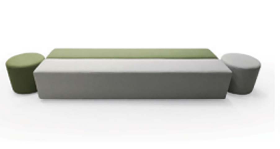 Modular Backless Upholstered Bench Set with Matching Drum Ottomans