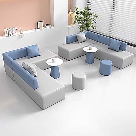 Modular L-Shaped Lounge Reception Set with Side Tables and Ottomans