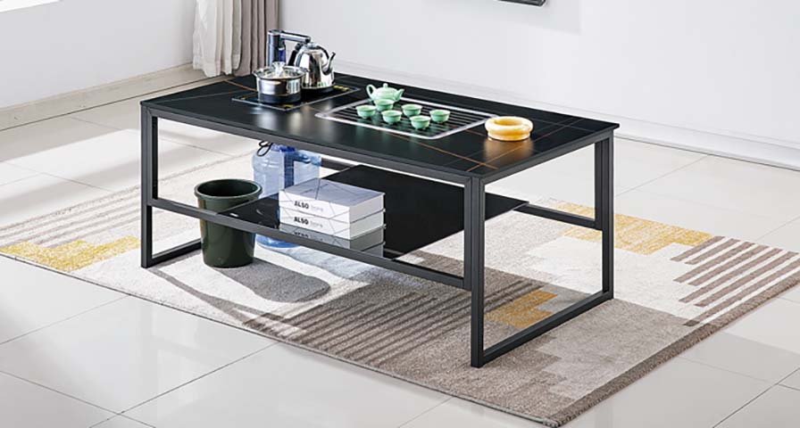 Modern Black Sintered Stone Gongfu Tea Coffee Table with Integrated Electric Boiler and Lower Storage Shelf