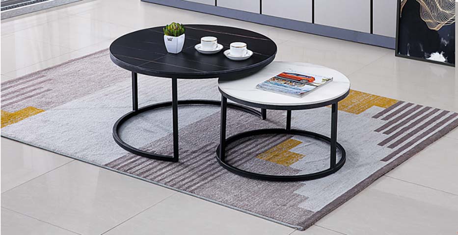 Nested Round Coffee Table Set, 2-Piece Sintered Stone Top with Black Metal Frame