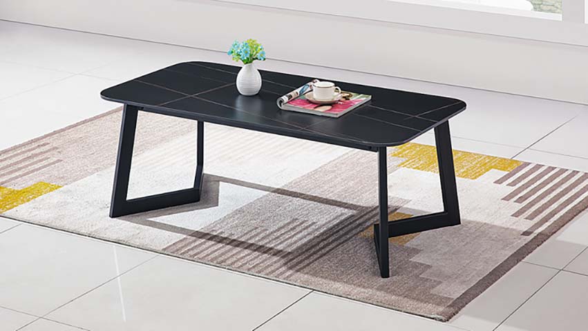 Modern Matte Black Grid-Pattern Sintered Stone Coffee Table with Trapezoidal Metal Legs