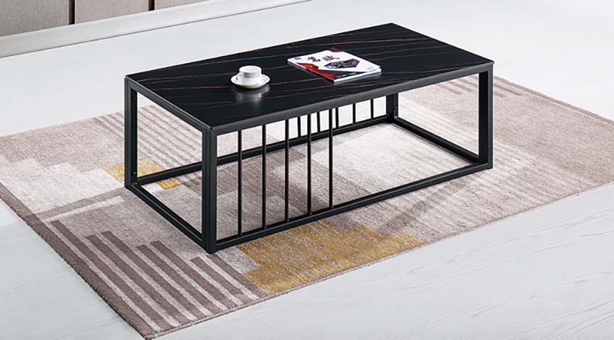 Modern Rectangular Black Metal Slatted Frame Black Veined Faux Stone Top Coffee Table