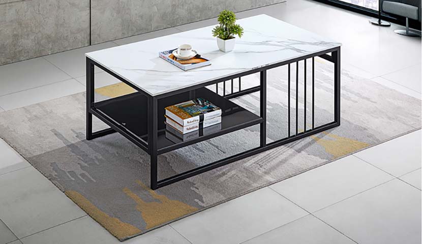 Rectangular Faux Marble Top Coffee Table with Black Slatted Metal Frame and Open Lower Shelf