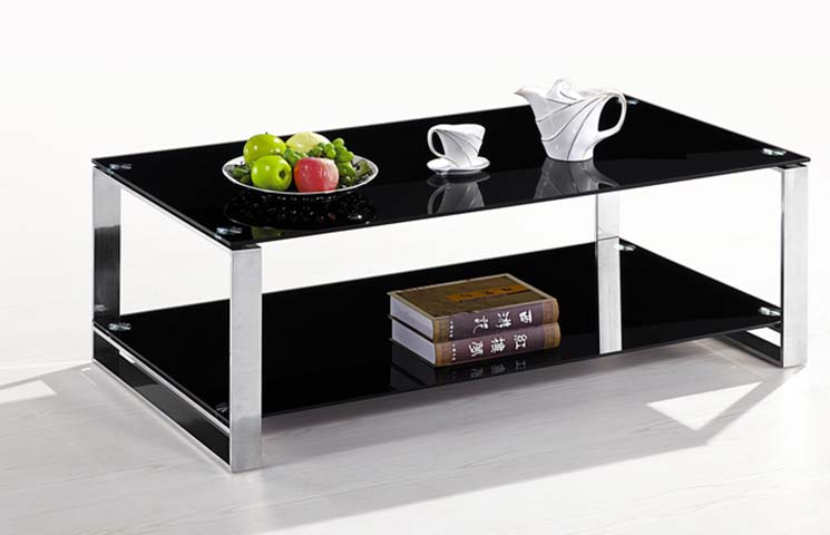 Modern Double-Tier Black Tempered Glass Coffee Table with Polished Chrome Square Legs