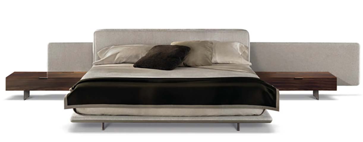 Low-Profile Upholstered Wingback Platform Bed with Integrated Floating Walnut Nightstands