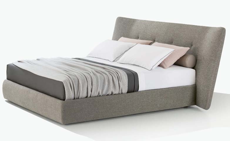 Grey Textured Fabric Upholstered Low-Profile Platform Bed with Curved Winged Button-Tufted Headboard