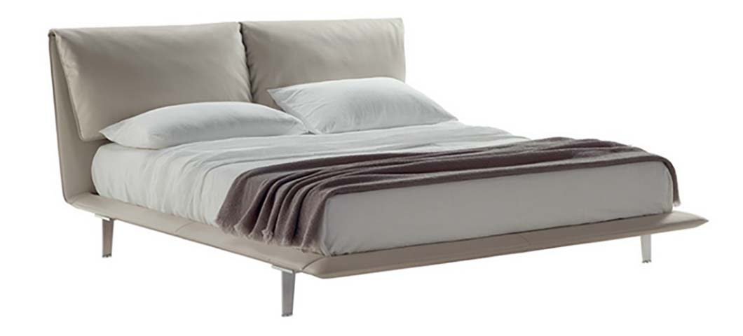 Light Taupe Upholstered Split-Panel Headboard Low-Profile Platform Bed with Slim Metal Legs