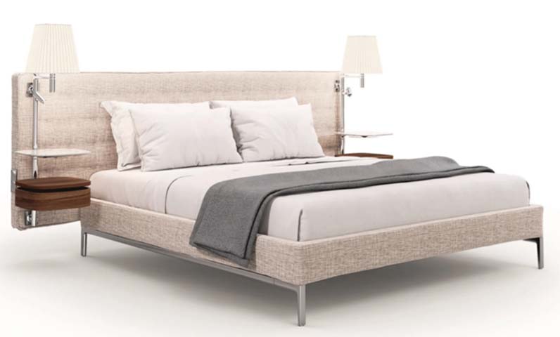 Beige Linen Upholstered King Platform Bed with Integrated Swing-Arm Nightstands and Reading Lamps