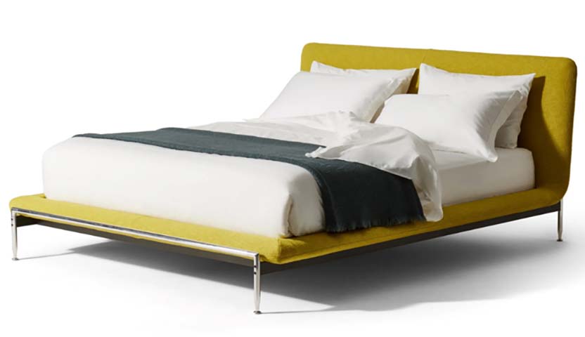 Mustard Woven Fabric Upholstered Low-Profile Platform Bed with Polished Chrome Legs