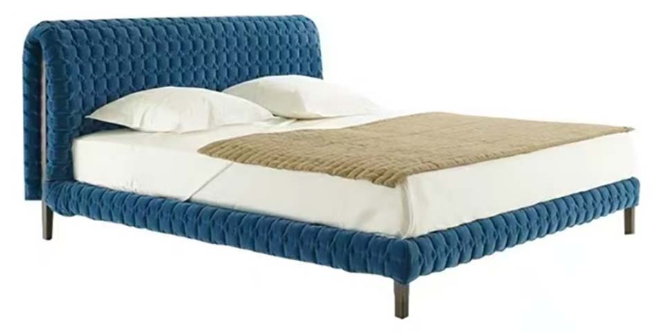 Deep Blue Tufted Velvet Upholstered Queen Size Platform Bed