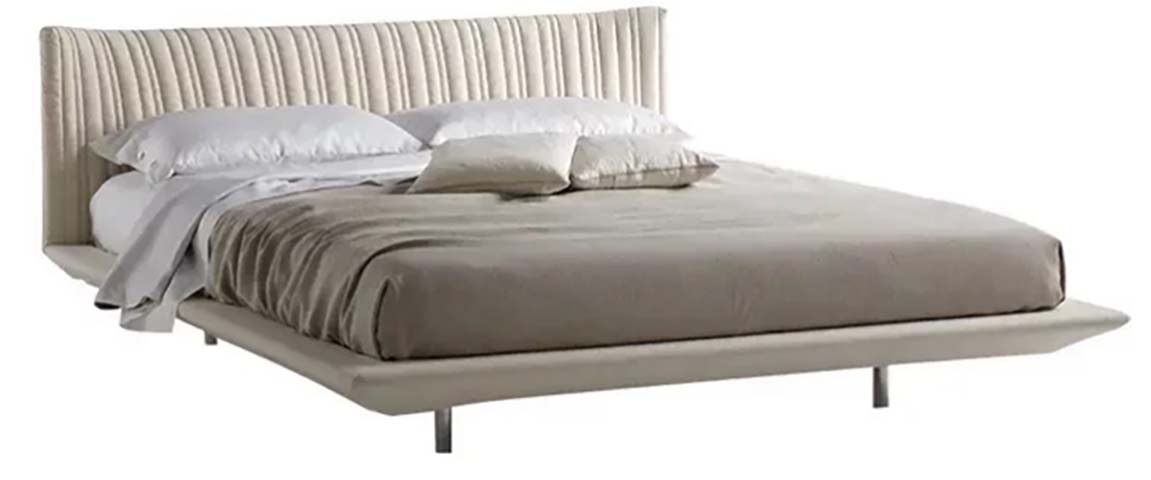Beige Upholstered Low-Profile Platform Bed with Vertical Channel-Tufted Headboard