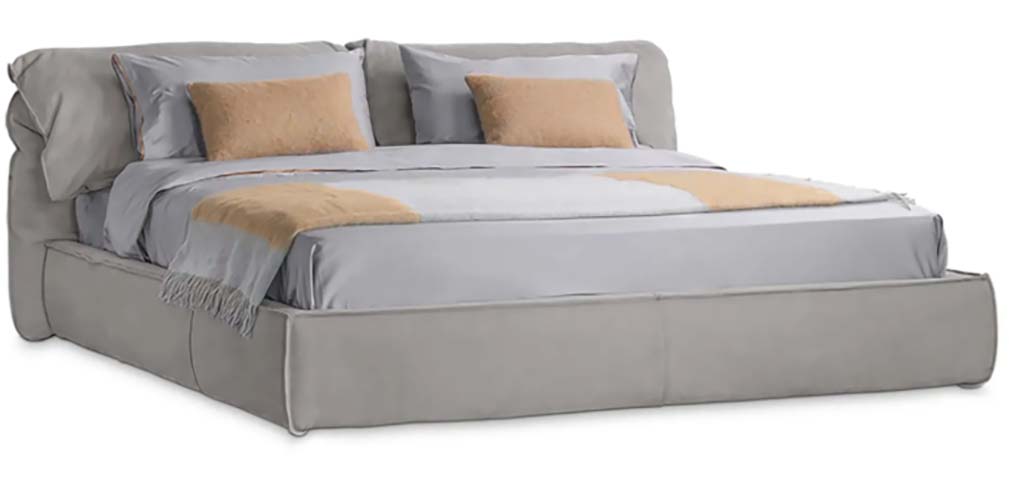 Light Gray Soft Upholstered Low-Profile Platform Bed with Curved Pillow Headboard