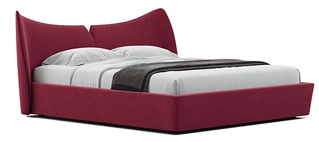 Burgundy Woven Fabric Asymmetric Wingback Low-Profile Upholstered Platform Bed
