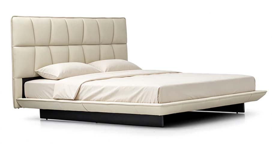 Beige Channel-Tufted Upholstered Floating Platform Bed (Queen Size)